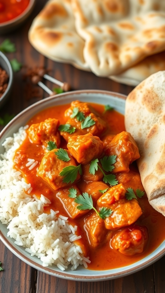 A plate of butter chicken with rice and naan, garnished with cilantro.